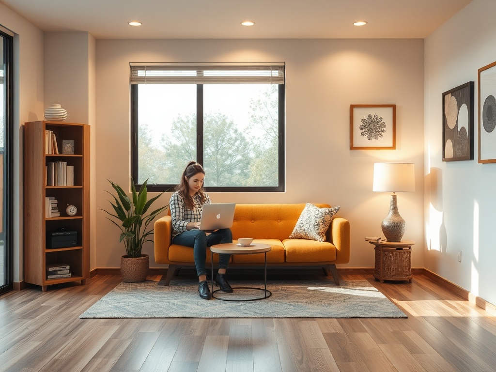 Женщина сидит на диване с ноутбуком в уютной комнате с ярким освещением и растениями.