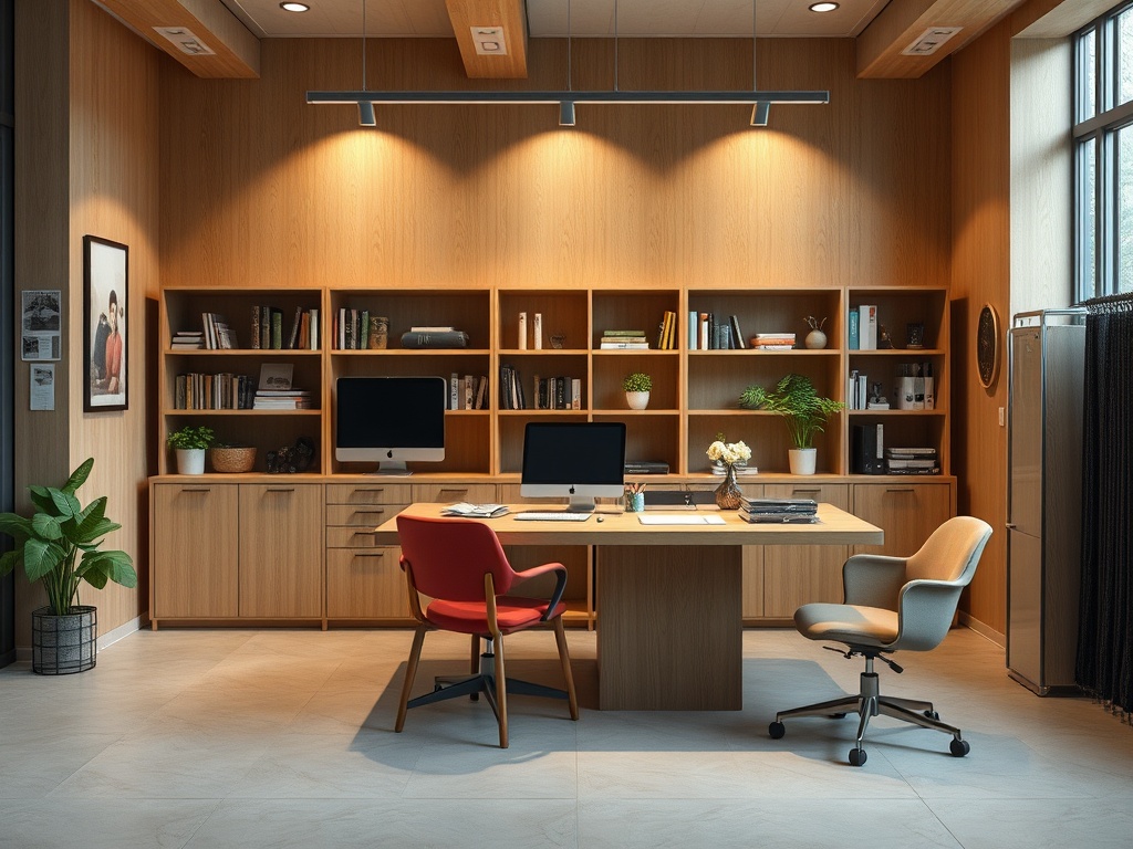 Современный офис с деревянными стенами, письменным столом, компьютером и книгами на полках. Уютная атмосфера.
