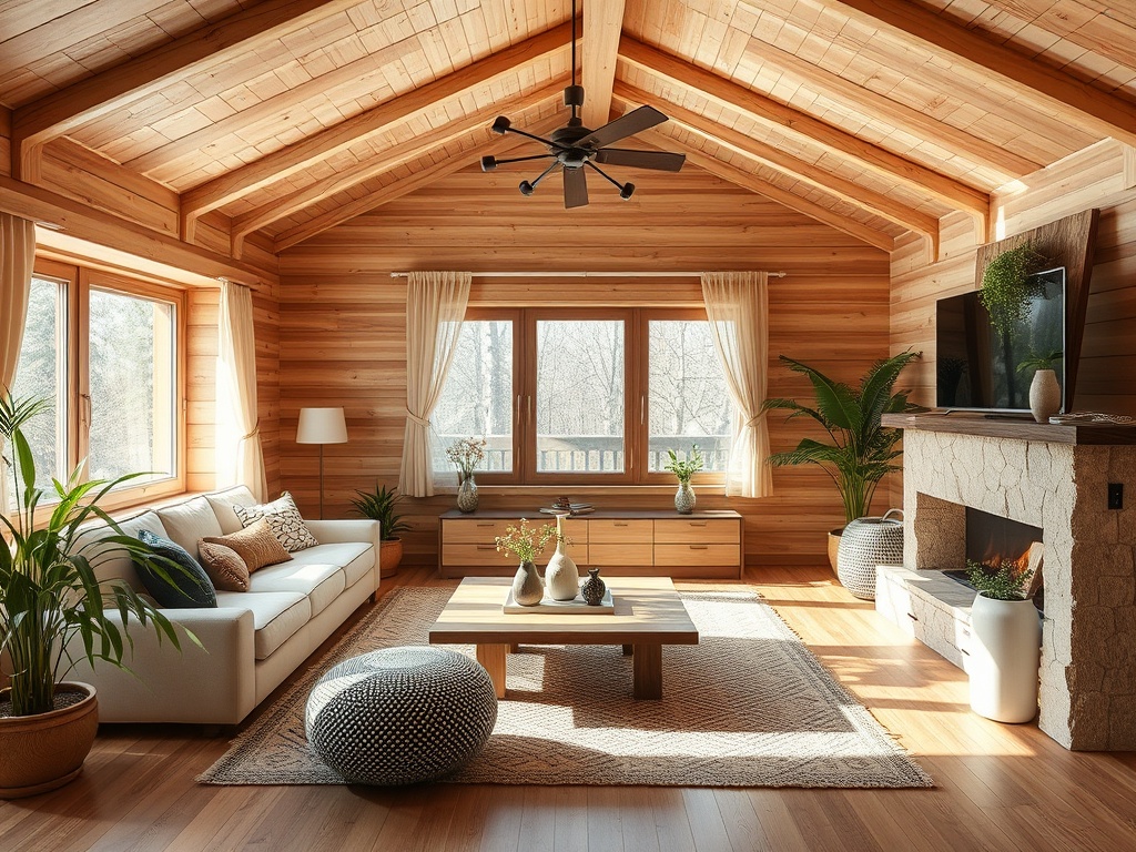 Светлая гостиная с деревянными стенами, уютным диваном и большим окном, создающим атмосферу уюта.
