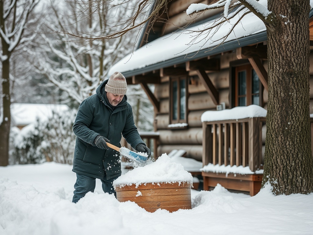Человек расчищает снег возле деревянного дома в зимний день. Вокруг снежный пейзаж с деревьями.
