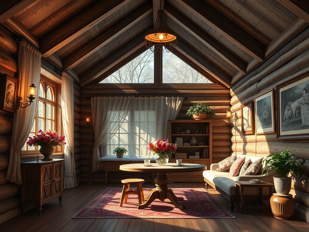 Уютная комната с деревянными стенами, цветами на столе и большим окном, освещённая солнечным светом.
