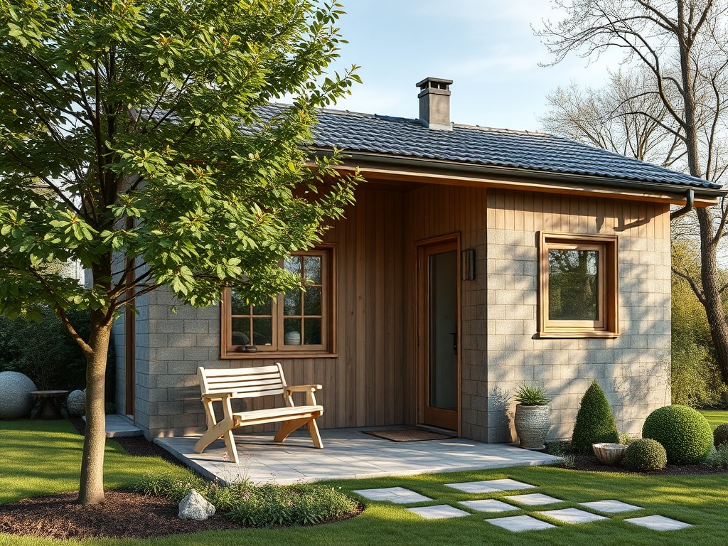 Уютный дом с деревянной отделкой, каменной основой и зелеными насаждениями вокруг.