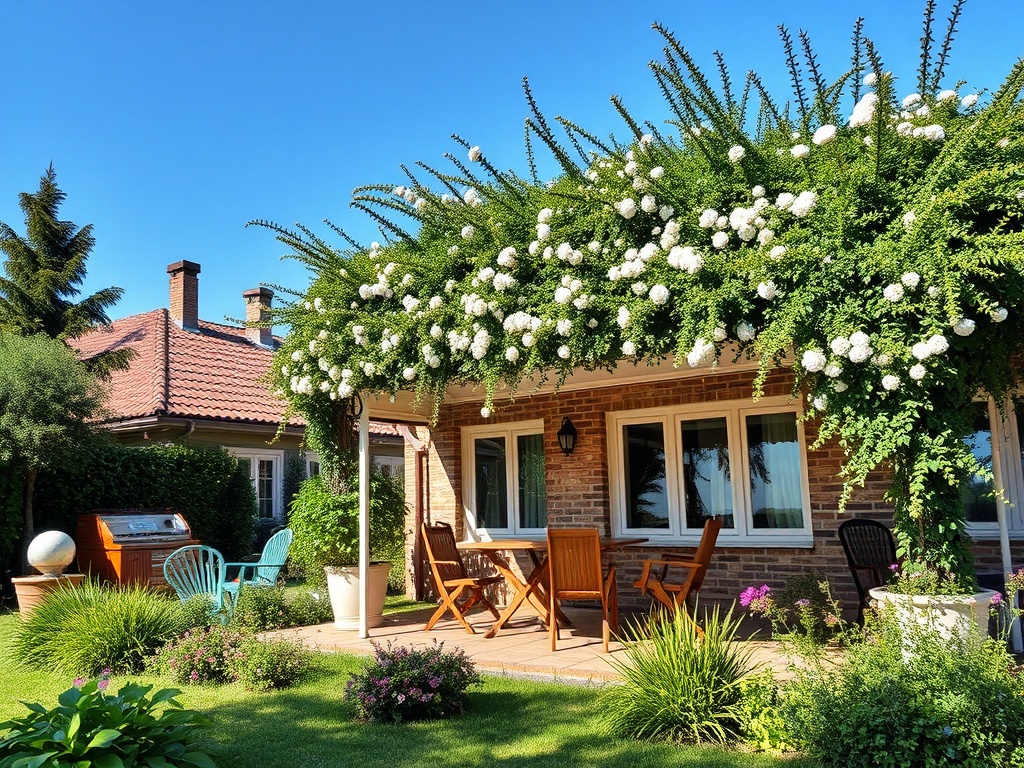 Уютный дом с террасой, увитой белыми цветами, и зелеными растениями в солнечном саду.
