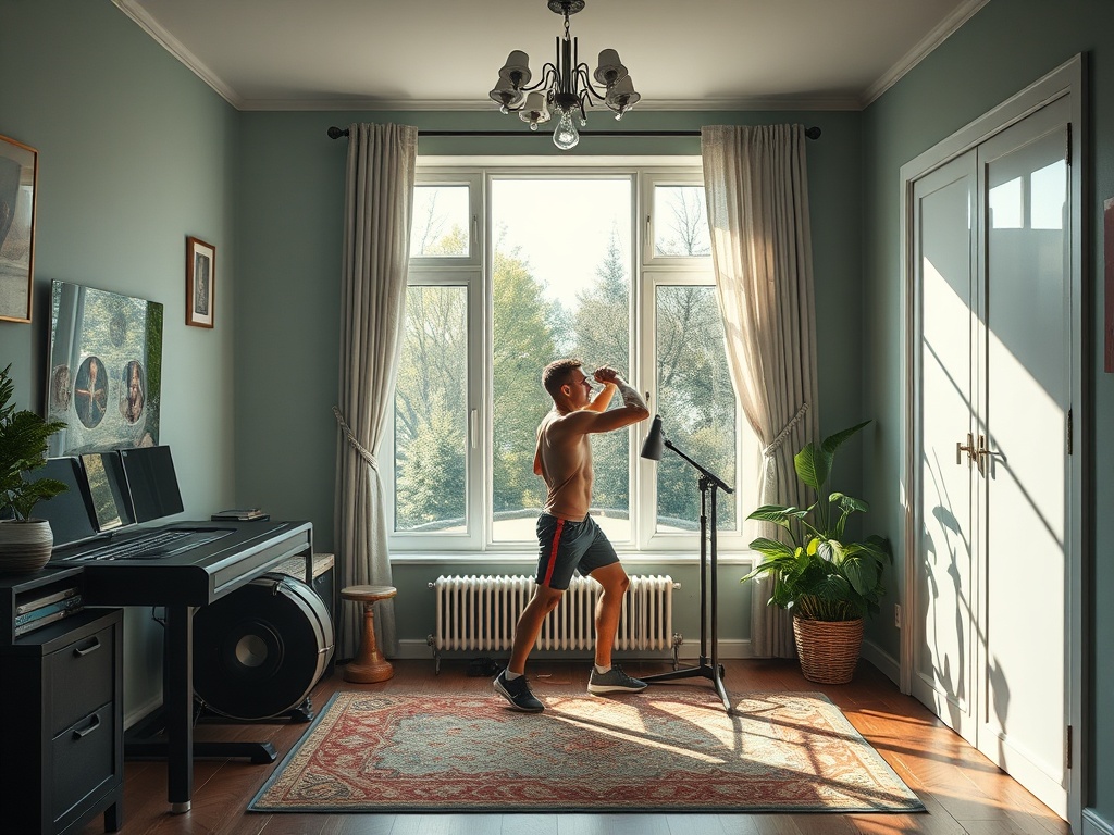 Мужчина занимается спортом в светлой комнате с окнами, украшенными зелеными растениями и ковром.