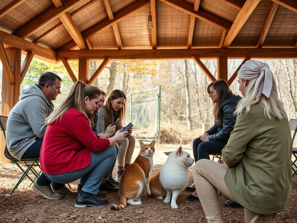 Группа людей сидит на скамейках в беседке, рядом с ними два собаки. Осень, солнечный день.