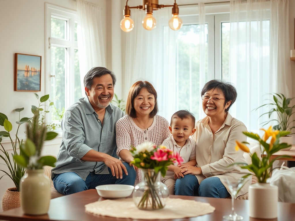 Семья из четырех человек, улыбающихся в уютной гостиной с растениями и цветами на столе.