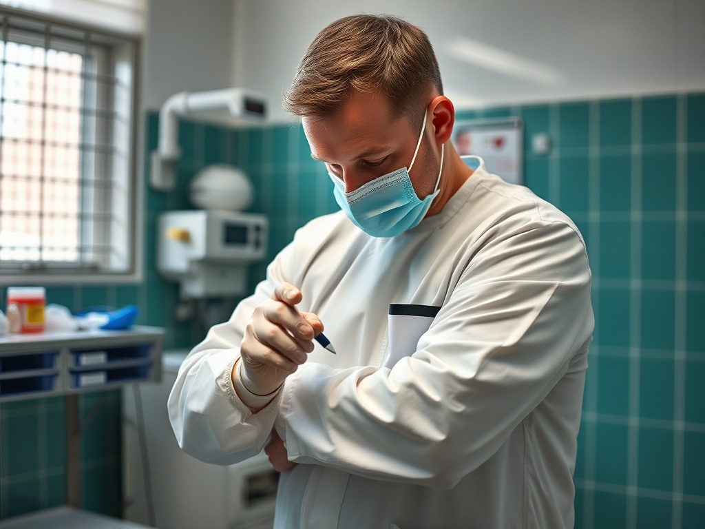 Медицинский работник в маске записывает информацию, находясь в лечебном кабинете.