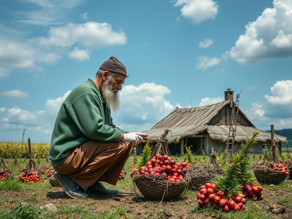 Пожилой мужчина собирает урожай овощей рядом с деревянным домом на фоне голубого неба с облаками.