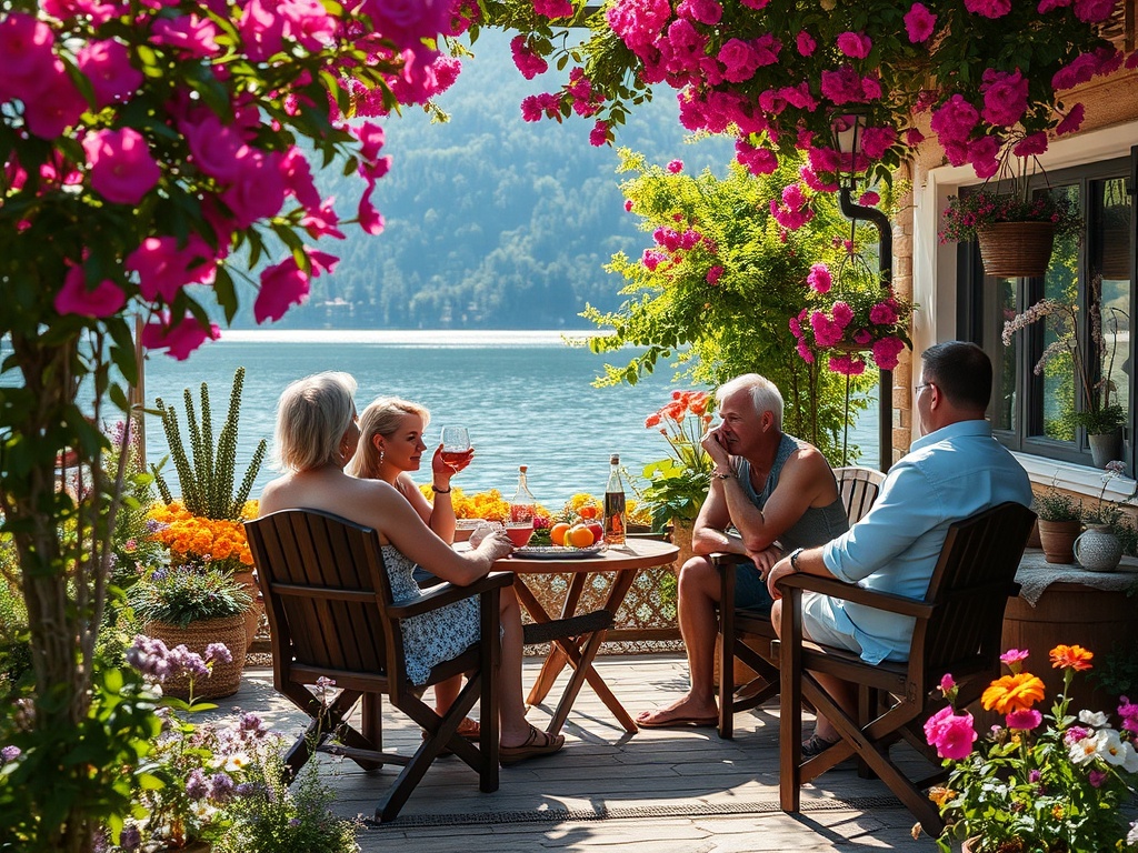 Четверо друзей наслаждаются напитками на веранде с видом на озеро, окружённые цветами и зеленью.