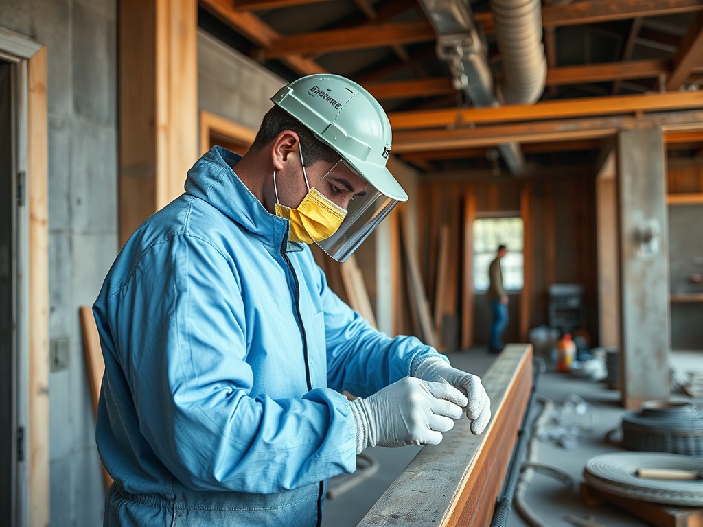 Рабочий в защитной маске и шлеме проверяет детали на строительной площадке с деревянными конструкциями.
