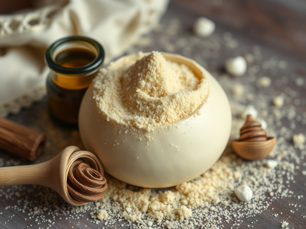 Восхитительный десертный крем в белой чаше, рядом с баночкой масла и деревянными кулинарными инструментами.