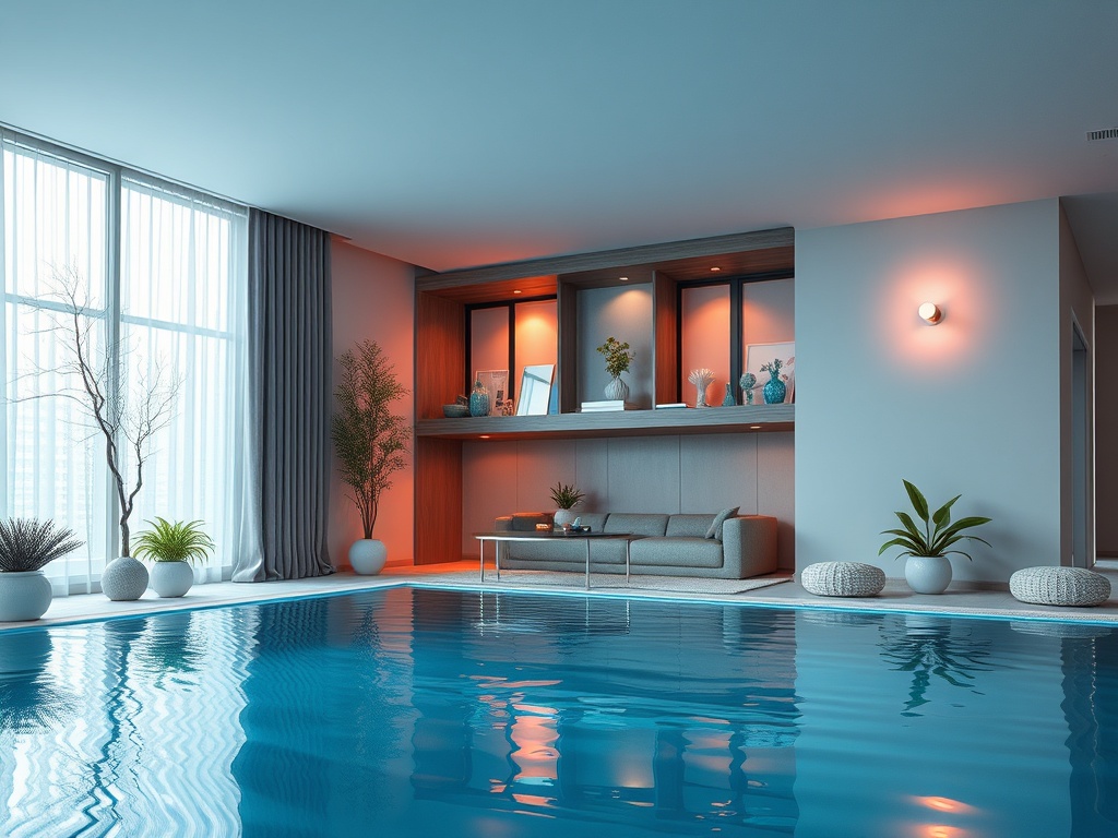 Современный интерьер с бассейном, уютным диваном и растениями, мягкое освещение создает атмосферу уюта.