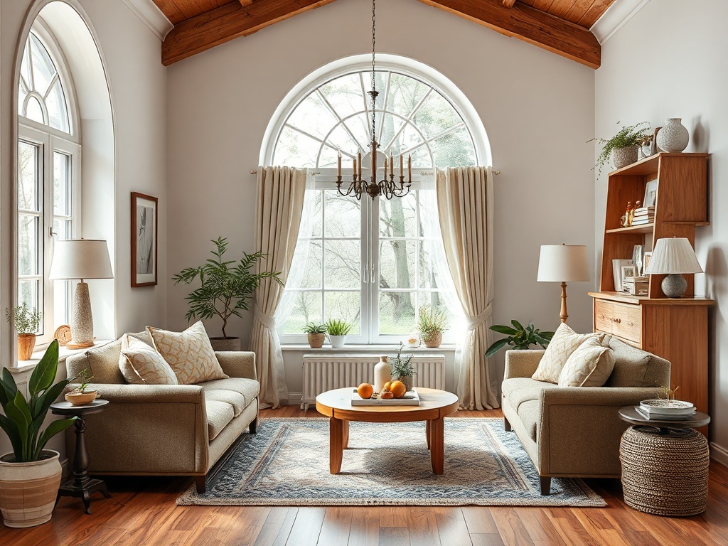 Уютная гостиная с большими окнами, мягкой мебелью и деревянными акцентами. Светло и зелено.