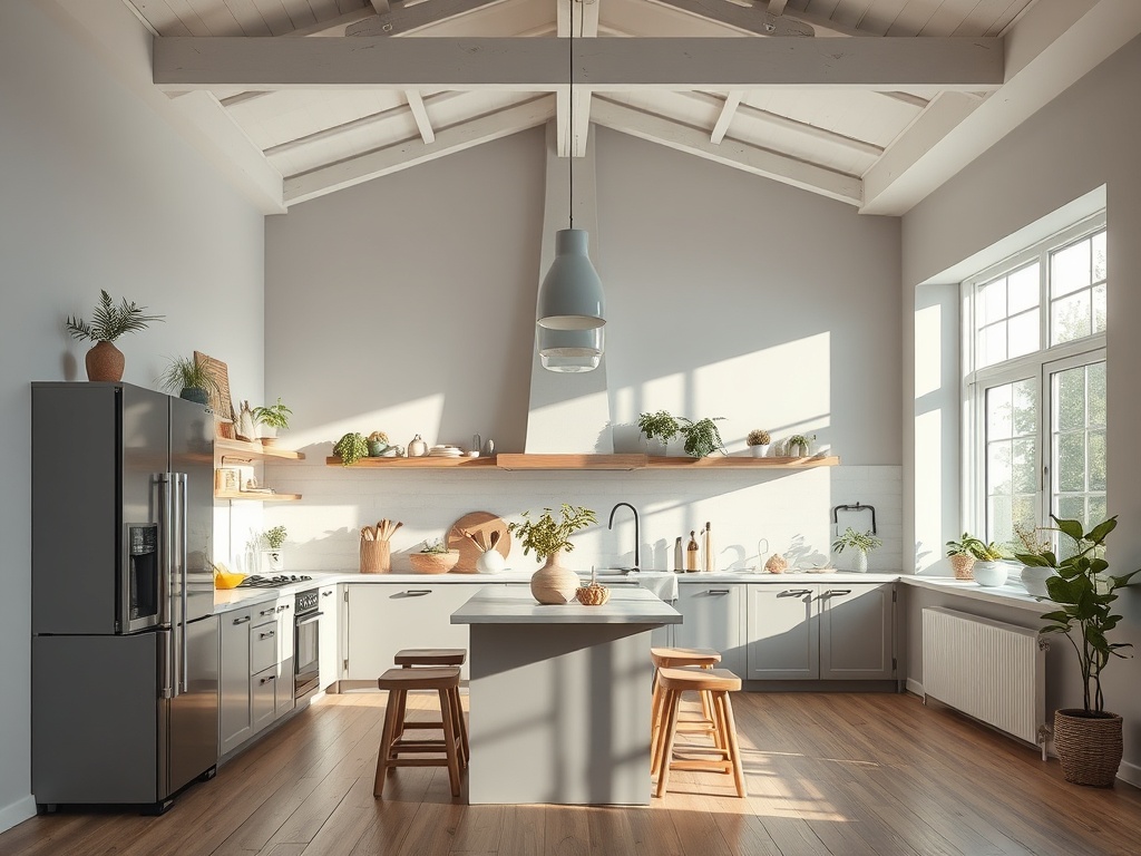 Современная кухня с высокими потолками, деревянным полом и зелеными растениями на столе и полках.