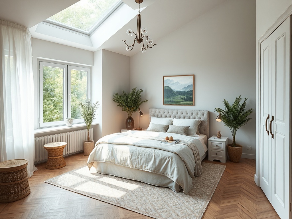 Светлая спальня с окнами, растениями и современной мебелью. Уютная атмосфера и стильный декор.