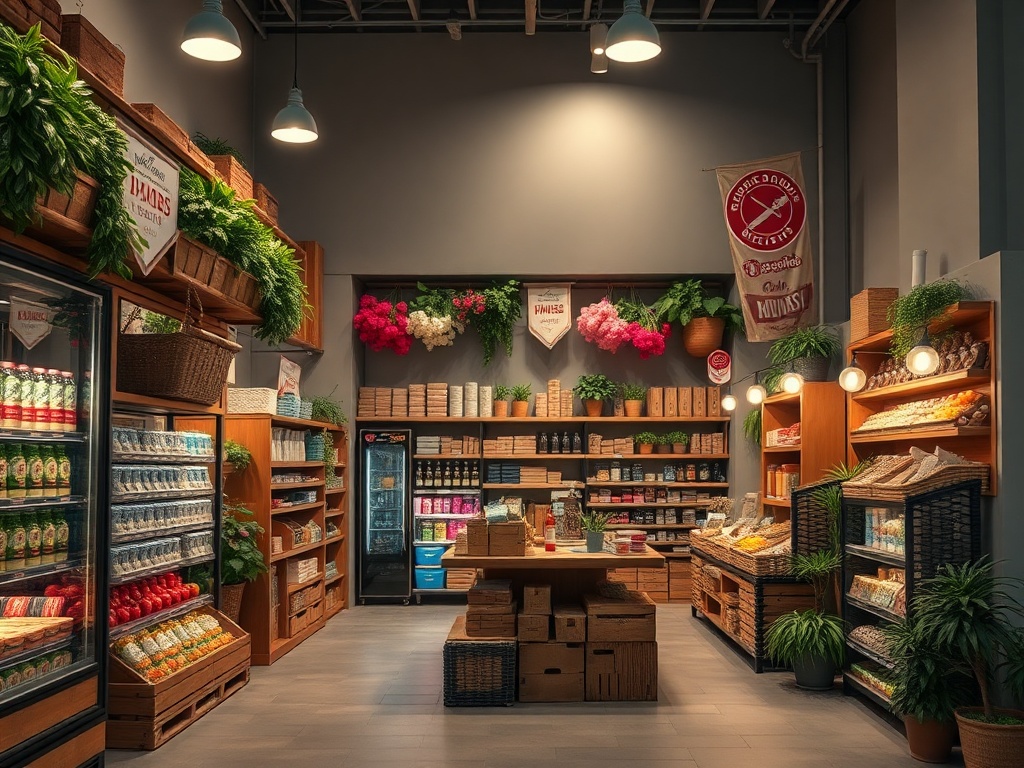 Интерьер яркого магазина с полками, наполненными продуктами, зелеными растениями и освещением.