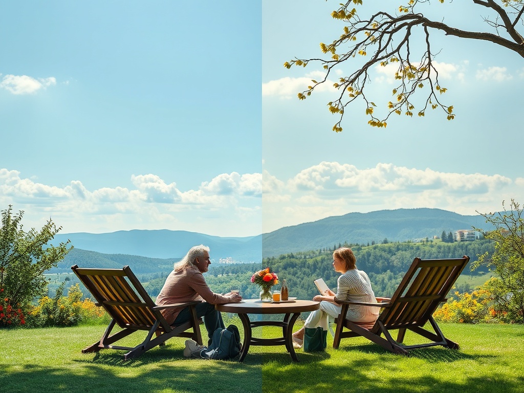 Два человека сидят за столом на траве, наслаждаясь видом на природу и общением в солнечный день.