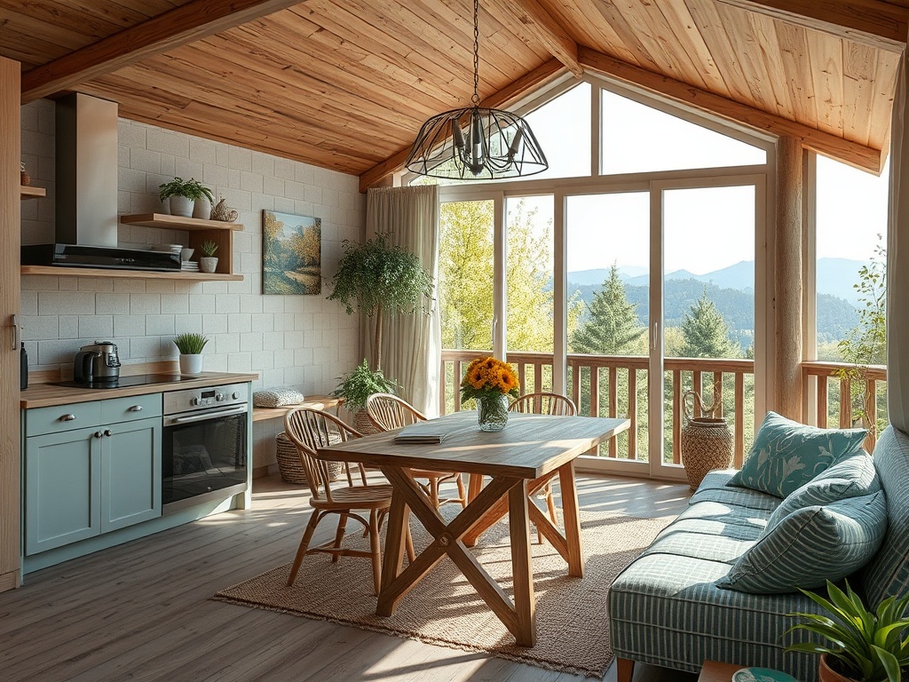 Светлая уютная гостиная с кухней, большими окнами и видом на горы, оформленная в современном стиле.