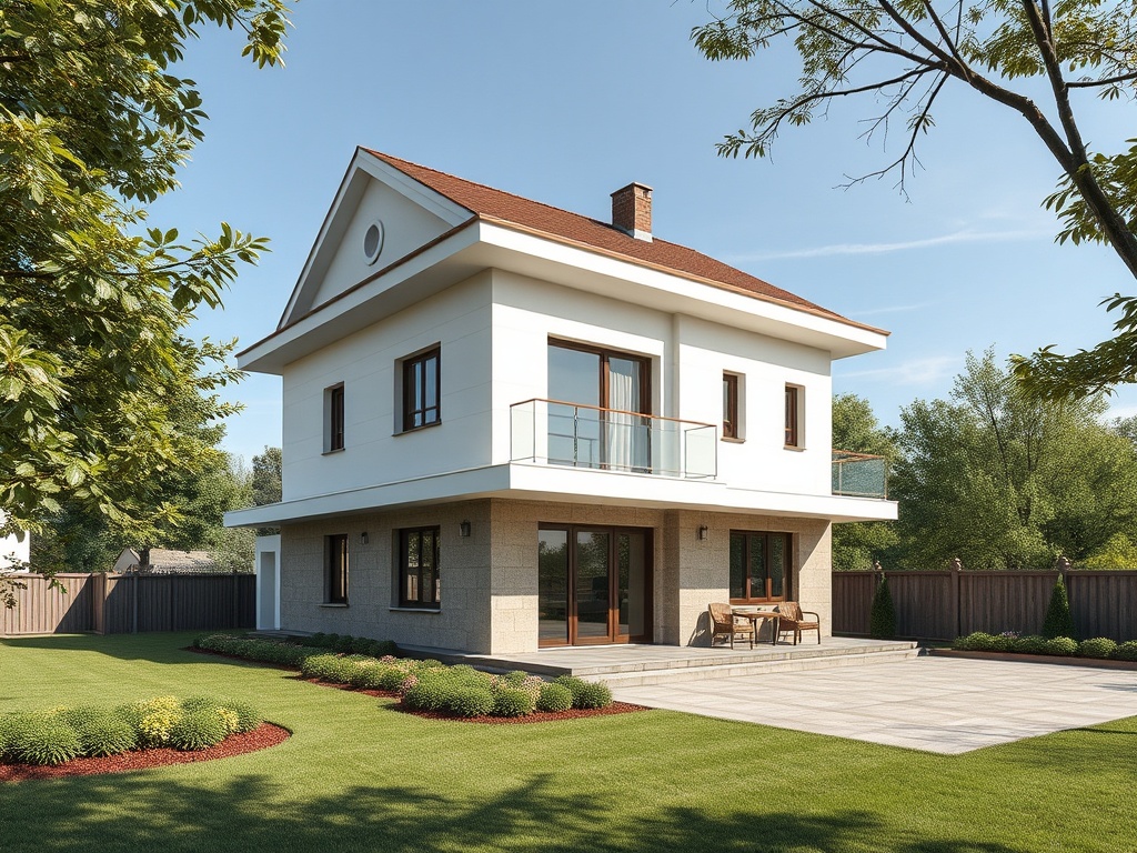 Современный дом с балконом на фоне зелени и ухоженного двора. Яркое небо и уютная обстановка.