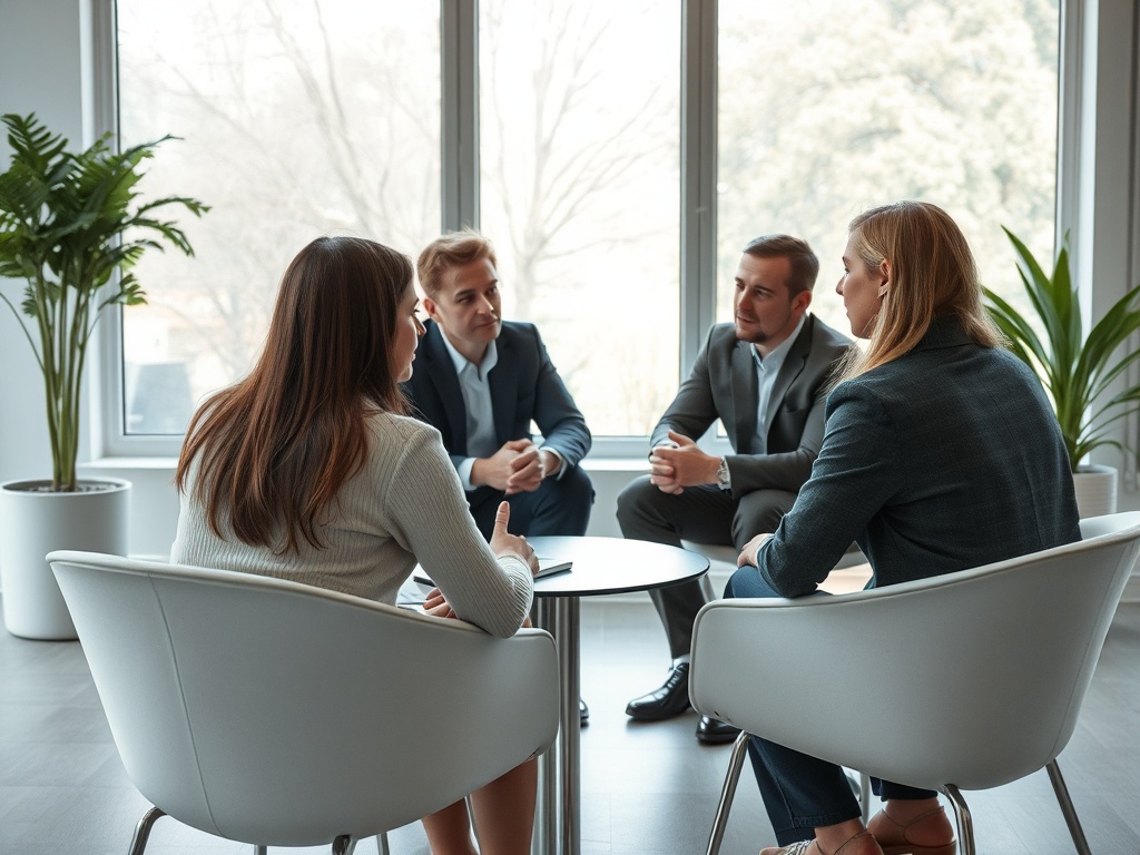 Четыре человека обсуждают что-то важное в светлом офисе с большими окнами и зелеными растениями.