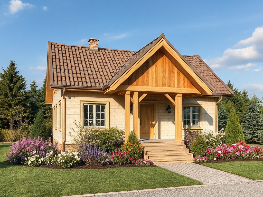 Деревянный дом с крышей, окружённый зелёным садом и цветами под синим небом.
