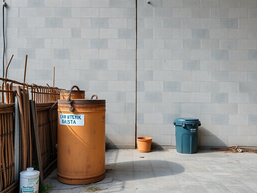 Промышленные контейнеры и мусорное ведро на фоне стены без окон. На плиточном полу расположены растения.