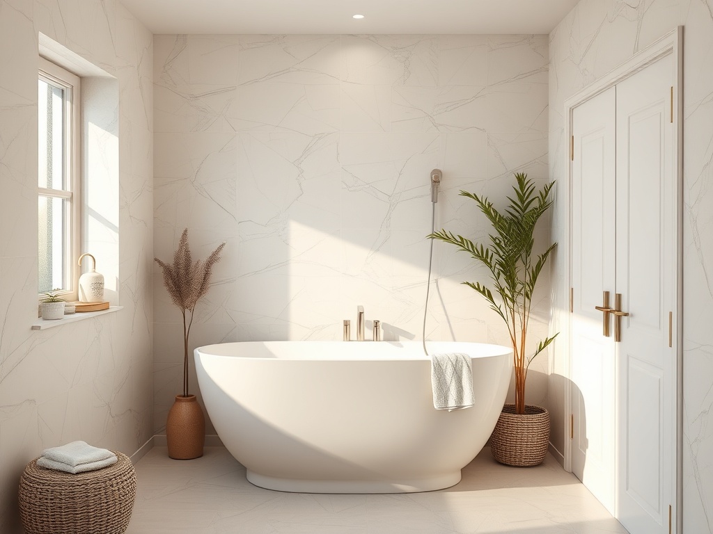 Современная ванная комната с ваннами, растениями и большим окном, залитым естественным светом.