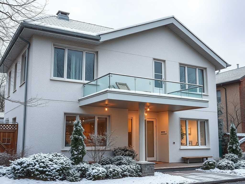 Современный дом с балконом и снежным двором, окруженный зелеными кустами и деревьями.