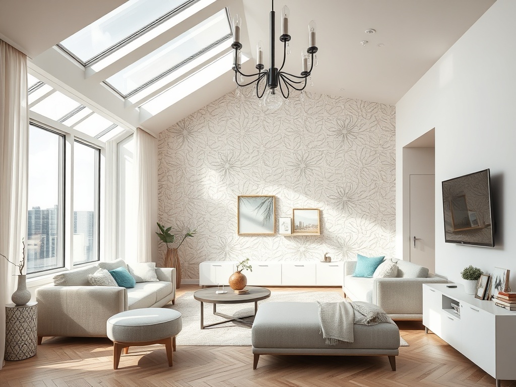 Современная гостиная с большими окнами, светлым декором и стильной мебелью, идеальная для отдыха.