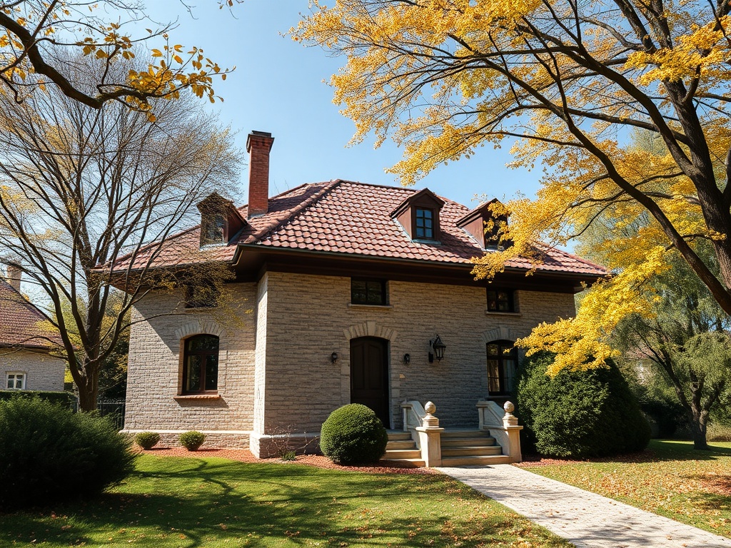 Красивый дом с черепичной крышей, окружённый деревьями с желтой листвой на фоне ясного неба.