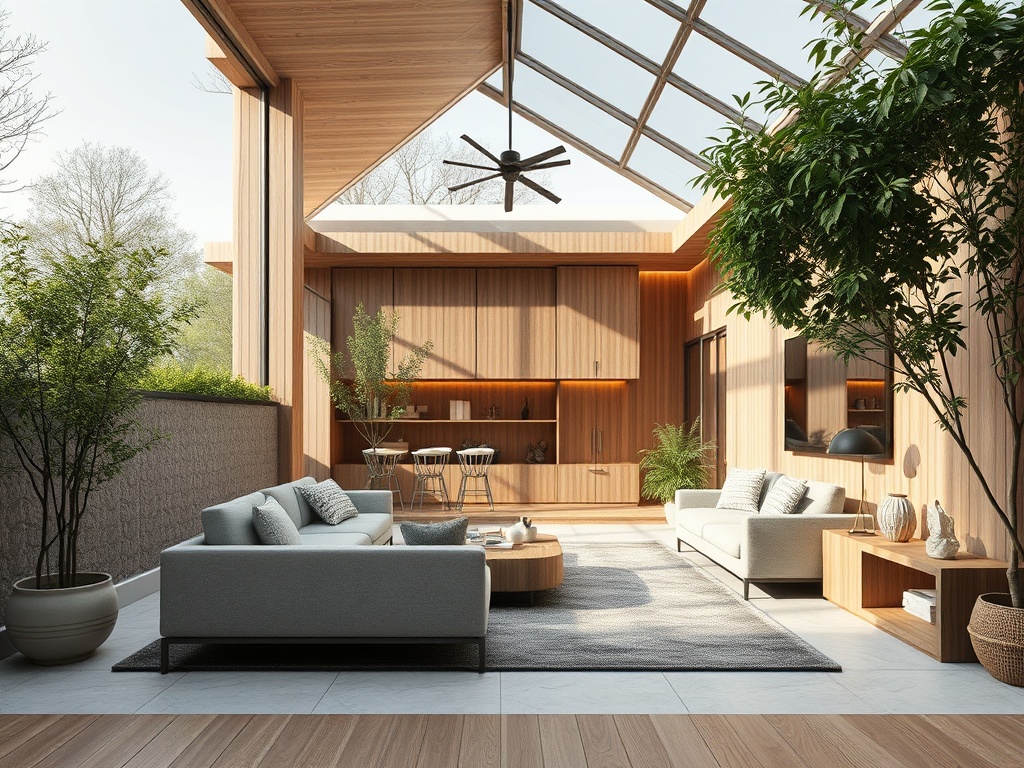 Современный интерьер с деревянными элементами, большими окнами и зелеными растениями, уютное пространство для отдыха.