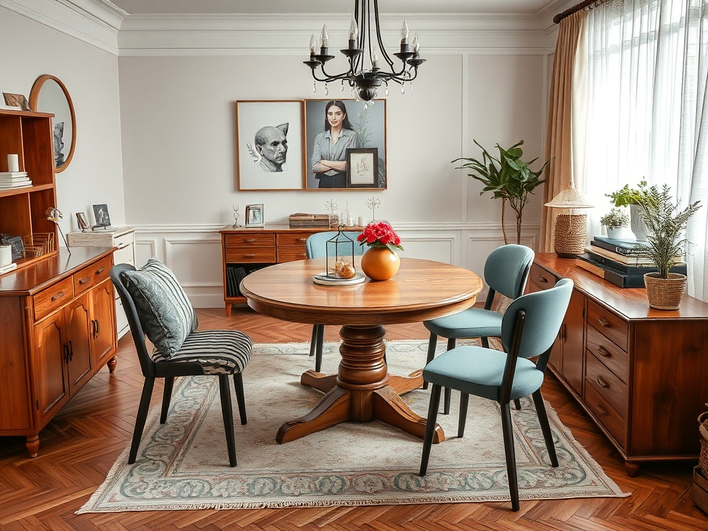 Современный уютный интерьер с круглым столом, стульями и деревянной мебелью в светлом пространстве.