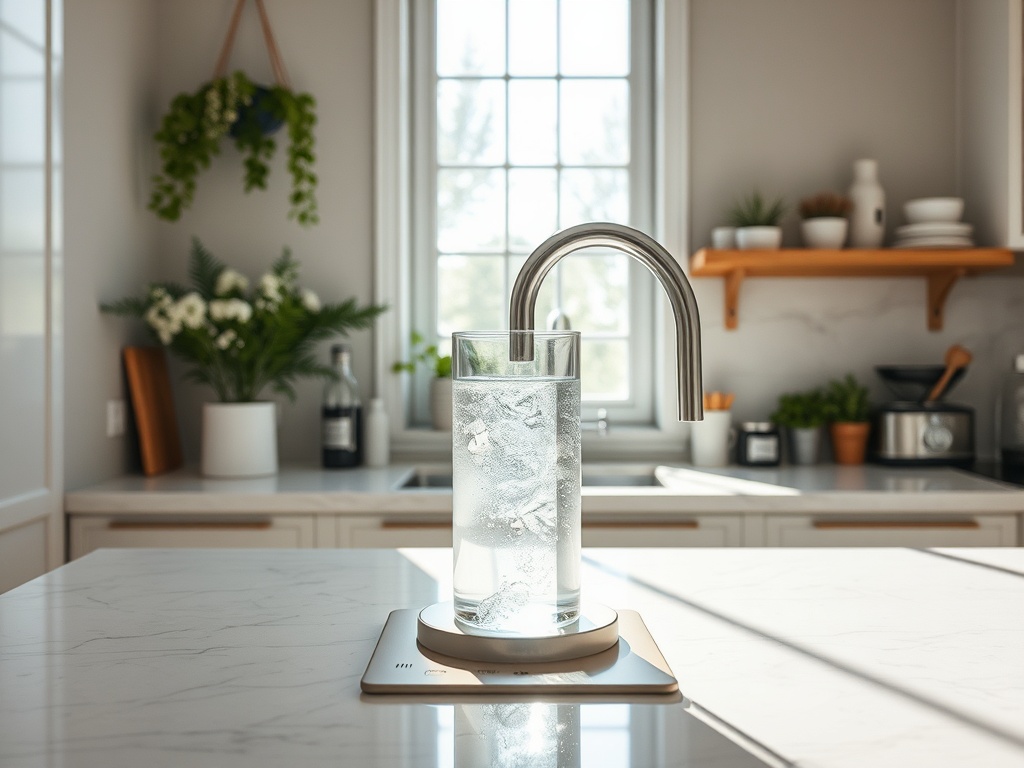 Стеклянный стакан с водой и льдом на кухонном столе, рядом с окном и растениями в горшках.