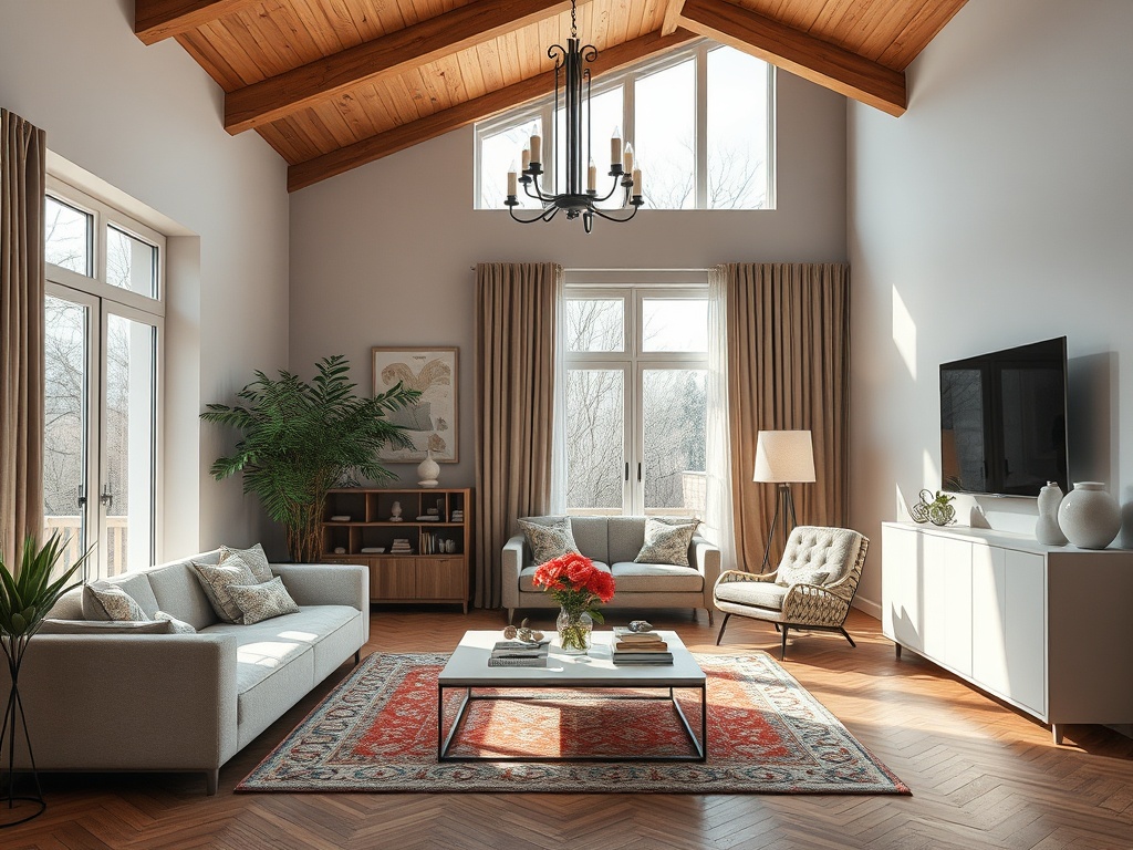 Современная гостиная с высокими потолками, удобной мебелью и большими окнами, наполненная светом.