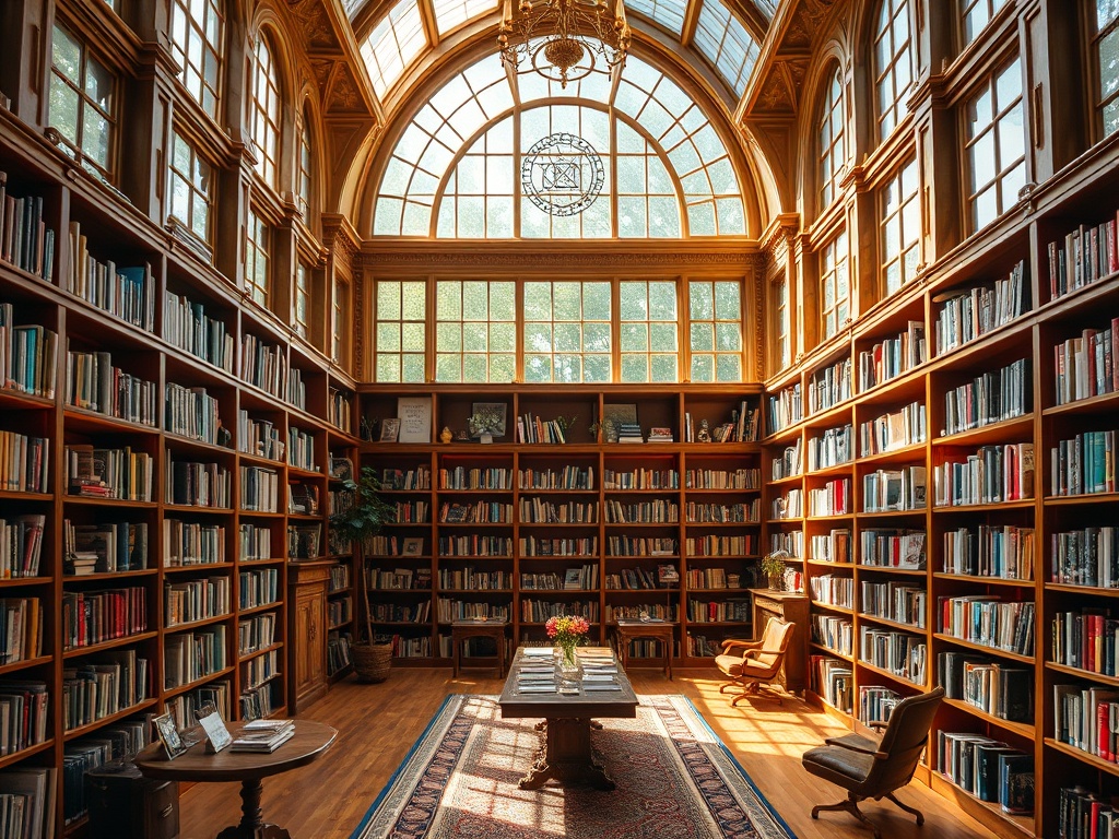 Уютная библиотека с высокими окнами, полными книг и светлыми деревянными полками. На столе цветы.