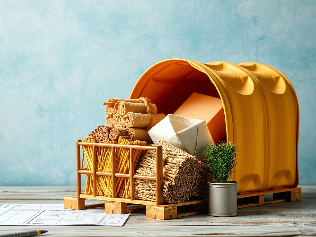 Желтая корзина с различными материалами и растением на столе, задний фон голубого цвета.