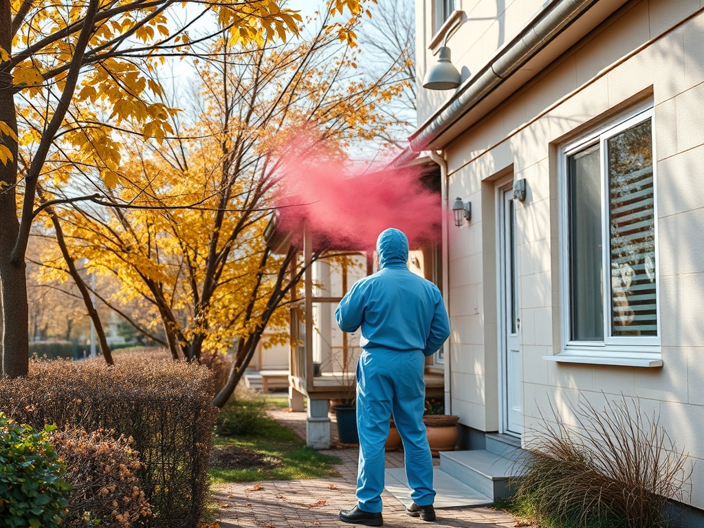 Человек в голубом комбинезоне держит дымовую шашку, выпуская розовый дым около дома в осеннем парке.