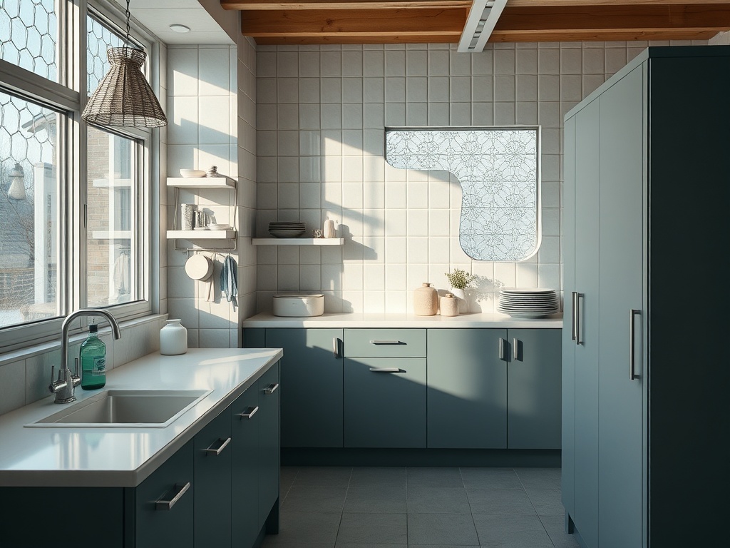 Современная кухня с зелеными шкафами, столешницей, раковиной и окнами, наполненными естественным светом.